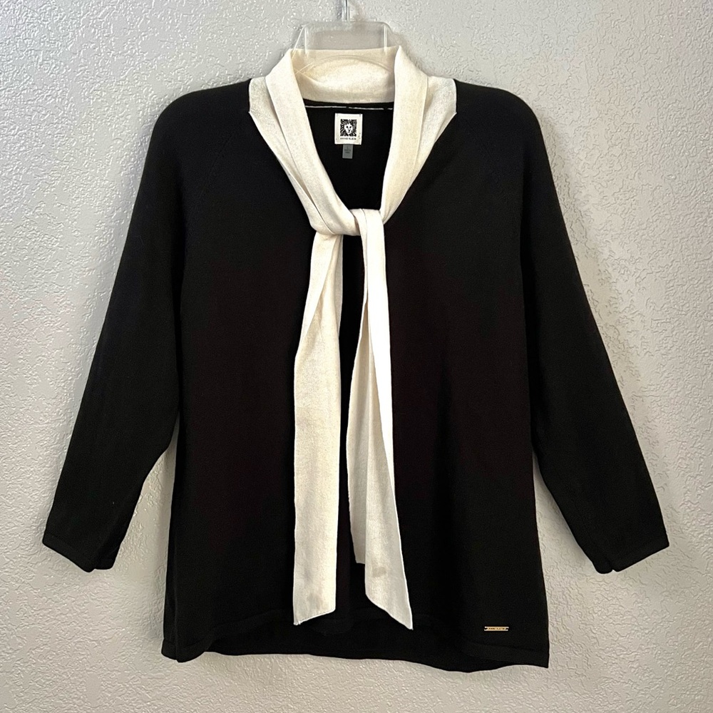 Anne Klein Black White long sleeve Light weight Knit Tie sweater Casual Top L